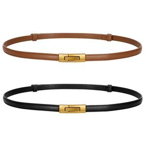 2 Pack Women Skinny Leather Belts Ladies Vintage Gold Buckle Thin Waist Belts🐠
